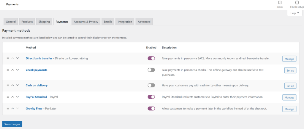 Screenshot of Payment tab in WooCommerce with Gravity Flow as option. 