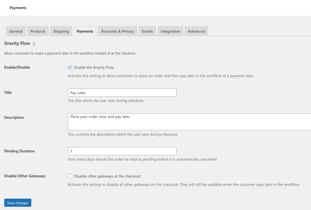 Screenshot of the Gravity Flow Payment method settings. 