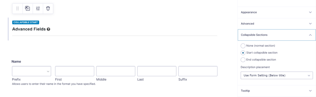 Screenshot of Collapsible Sections Field settings. 