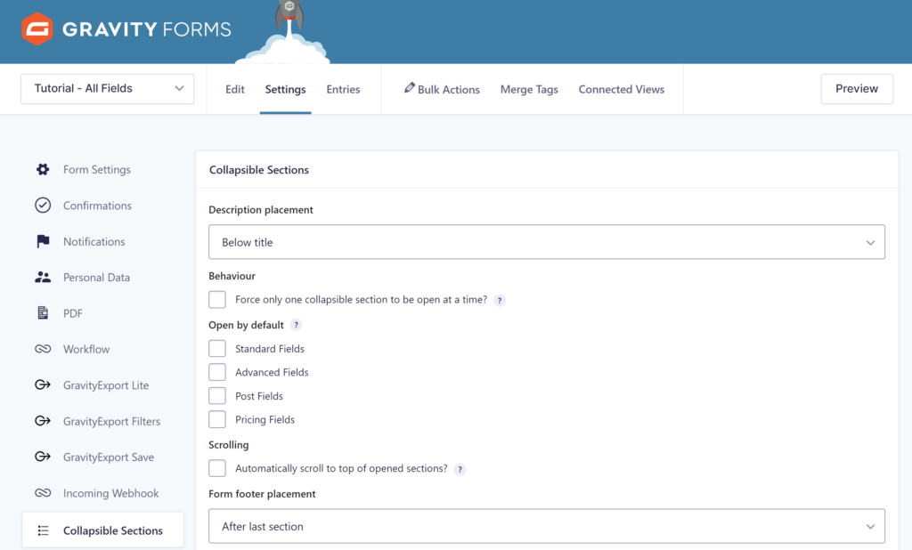 Screenshot of the Gravity Form Settings for your collapsible sections. 