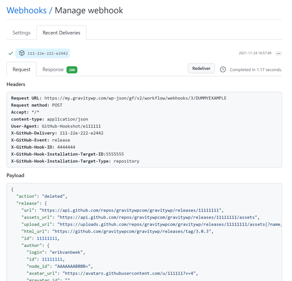 Screenshot of Github Recent Deliveries with Request data (Headers and Payload)