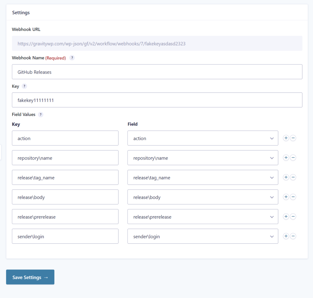 Screenshot of the Gravity Flow Incoming Webhook Field values: which Gravity Form Field should be filled with what Key from the Payload. 