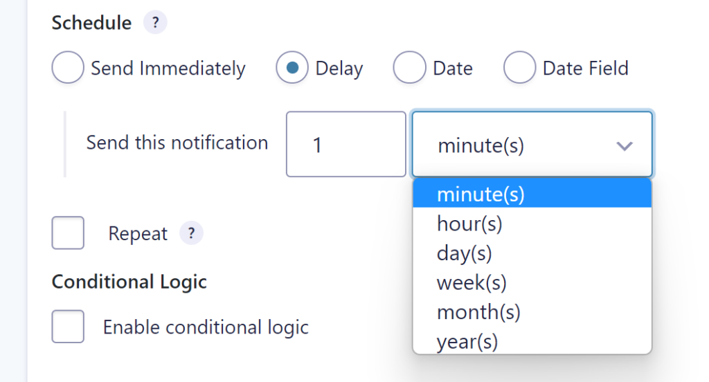 Screenshot of settings to delay sending the Gravity Forms notification. 