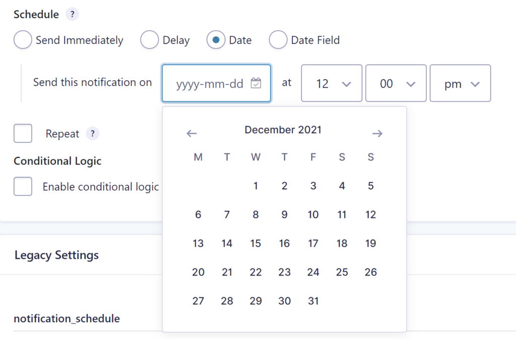 Screenshot of selecting a hard date and time to send out the Gravity Forms notification. 