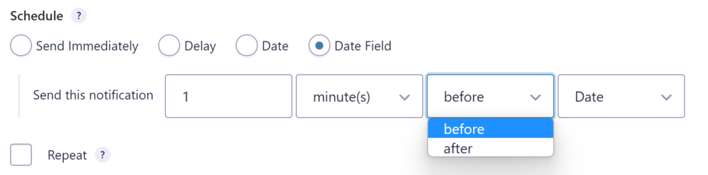 Screenshot of using a Date Field value to plan a Gravity Forms notification e-mail. 