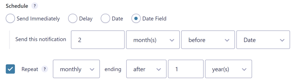 Screenshot of configuring repetition of sending out a Gravity Forms notification. 