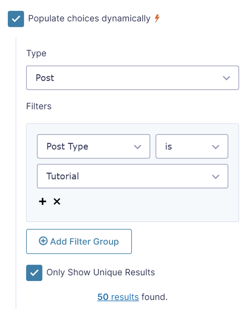 Screenshot of the Dynamic Populate Field settings, example using WordPress Posts as data source and filtering on a Custom Post Type. 