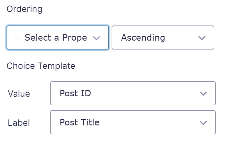 Screenshot of Populate Anything settings for configuring the order of the Choices and what data should be used as Choice Value and Choice Label. 