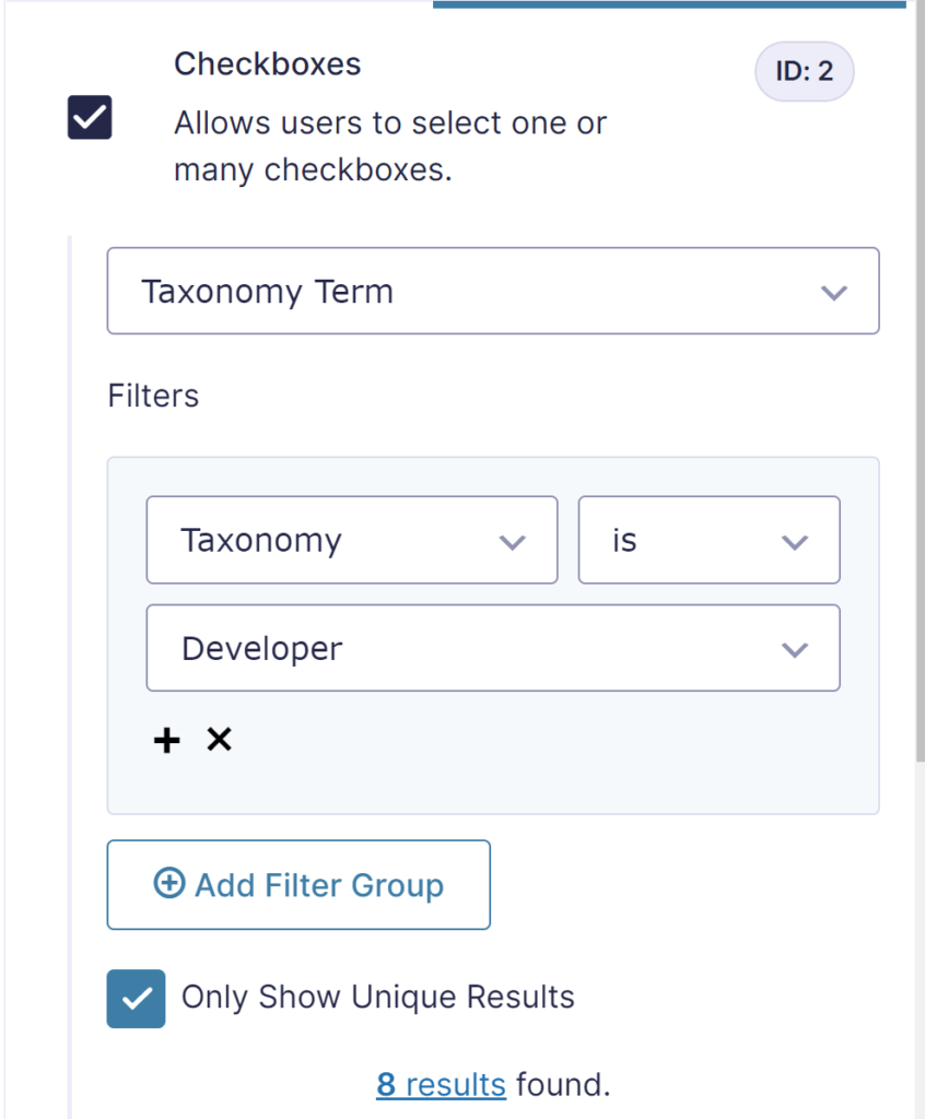 Screenshot of Populate Anything settings using a Custom WordPress Taxonomy as data source. 