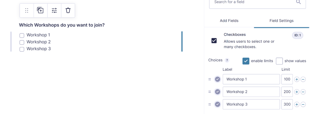 Screenshot of enabling limits (maximum number a choice can be selected) for Gravity Forms select fields.