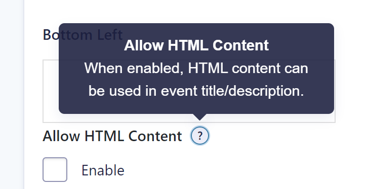 Screenshot of enable checkbox for HTML Content in the Gravity Forms Calendar Event Title and Description.