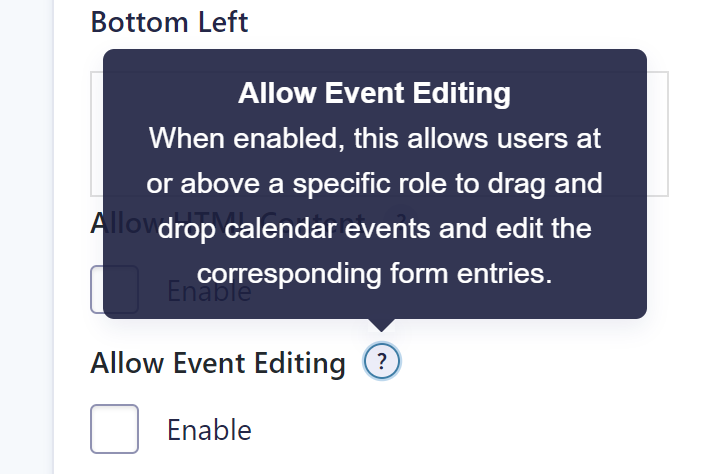 Screenshot of enabling inline event editing, drag and drop events, editing entries with Gravity Forms Calendar