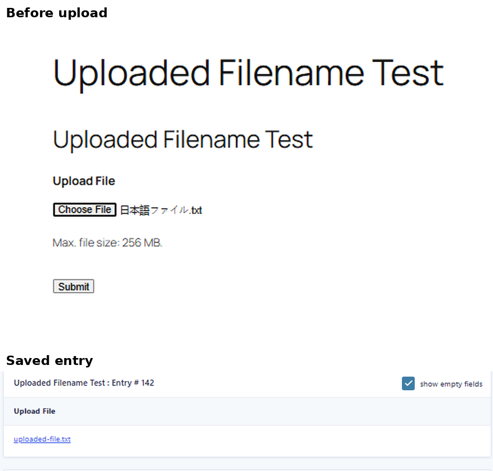 Gravity Forms upload test showing Japanese filename converted to uploaded-file.txt by an ASCII-only filename rule