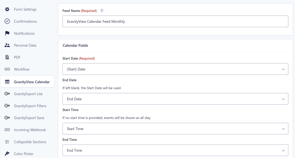 Screenshot of Gravity Forms Calendar settings, defining the Feed Name, Start Date, End Date, Start Time and End Time. 