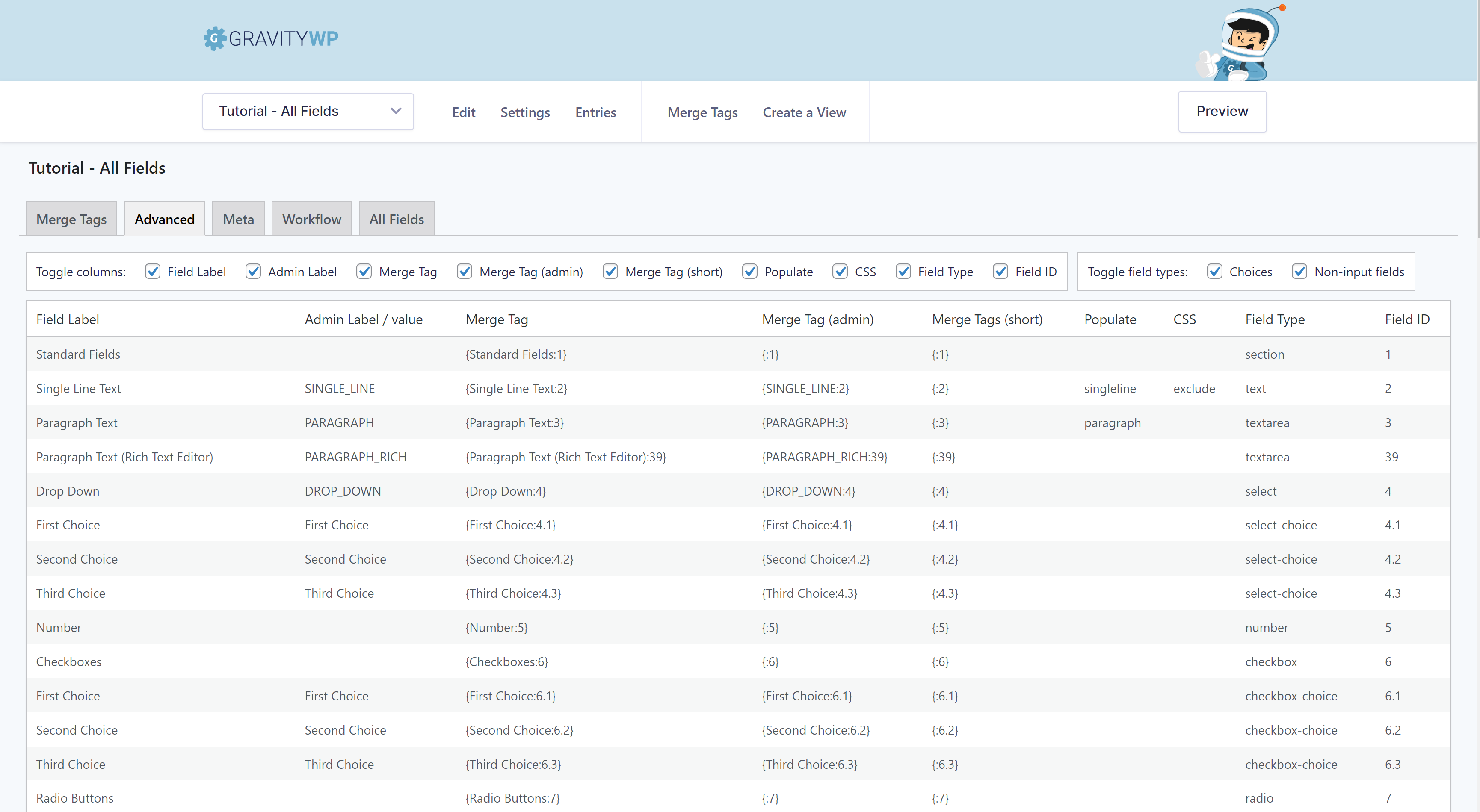 Screenshot of the Advanced Tab in GravityWP – Merge Tags, showing the Admin Label, the Merge Tag, Field Label, the Populate settings, CSS and the Field Type. With option to toggle columns and field types off and on.