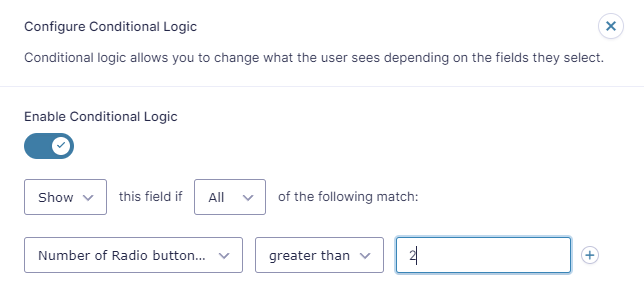 Screenshot of Conditional Logic on the Single Line Text fields.