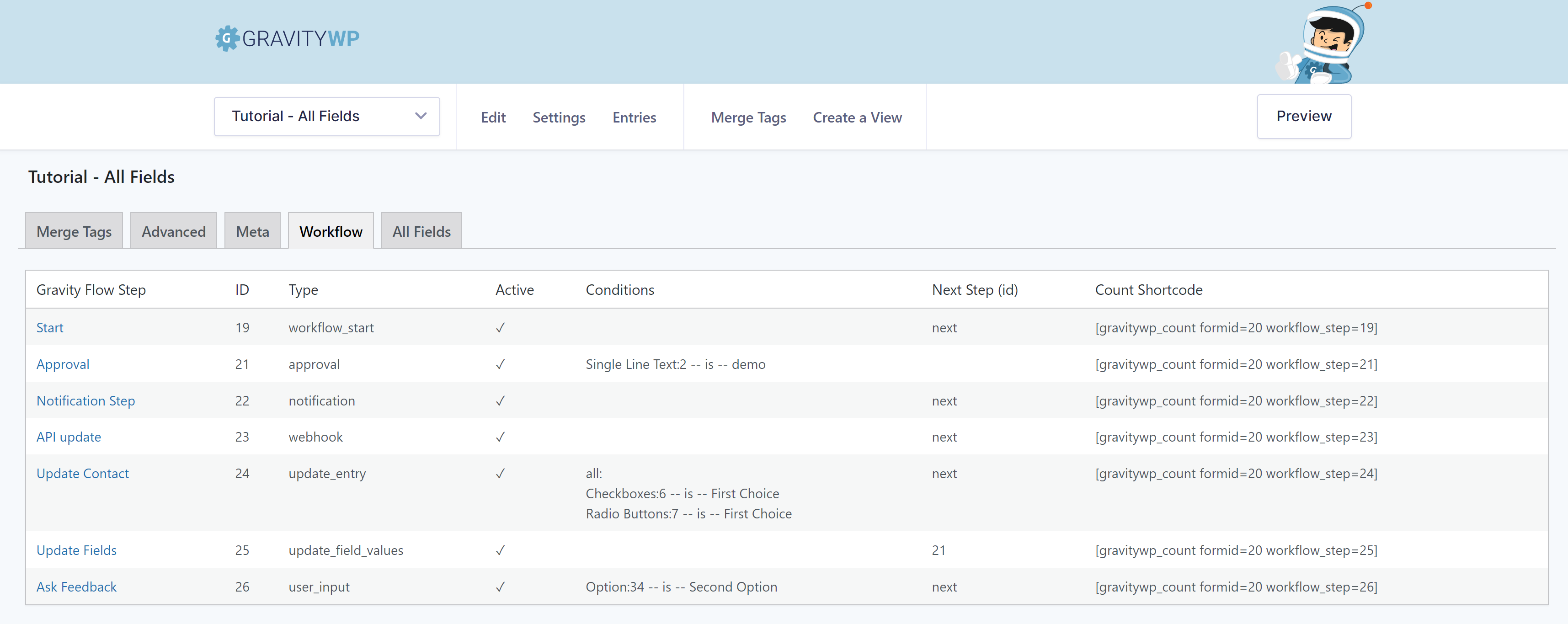 Screenshot of the Workflow Tab in GravityWP – Merge Tags. This Tab is only visible when GravityFlow is activated on the site and shows the Step title, ID, status, Conditions, Next Step ID and if GravityWP - Count shortcode to count the entries that are currently paused at that step.