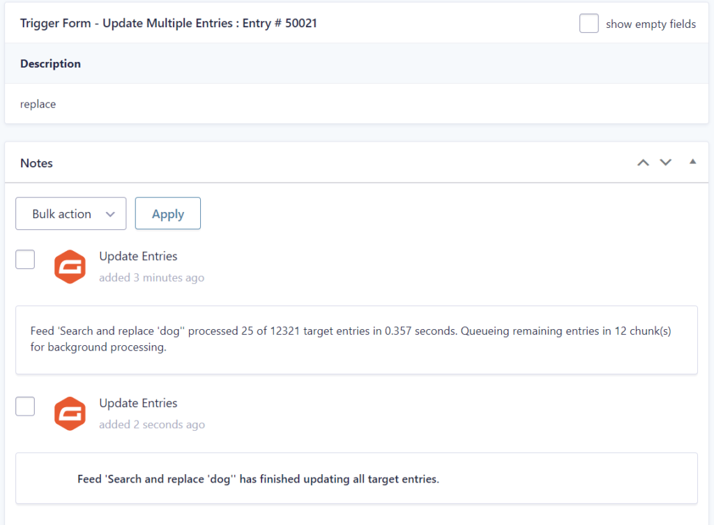 Screenshot - The Entry in the trigger form, showing notes about the Update Entries Feed results.