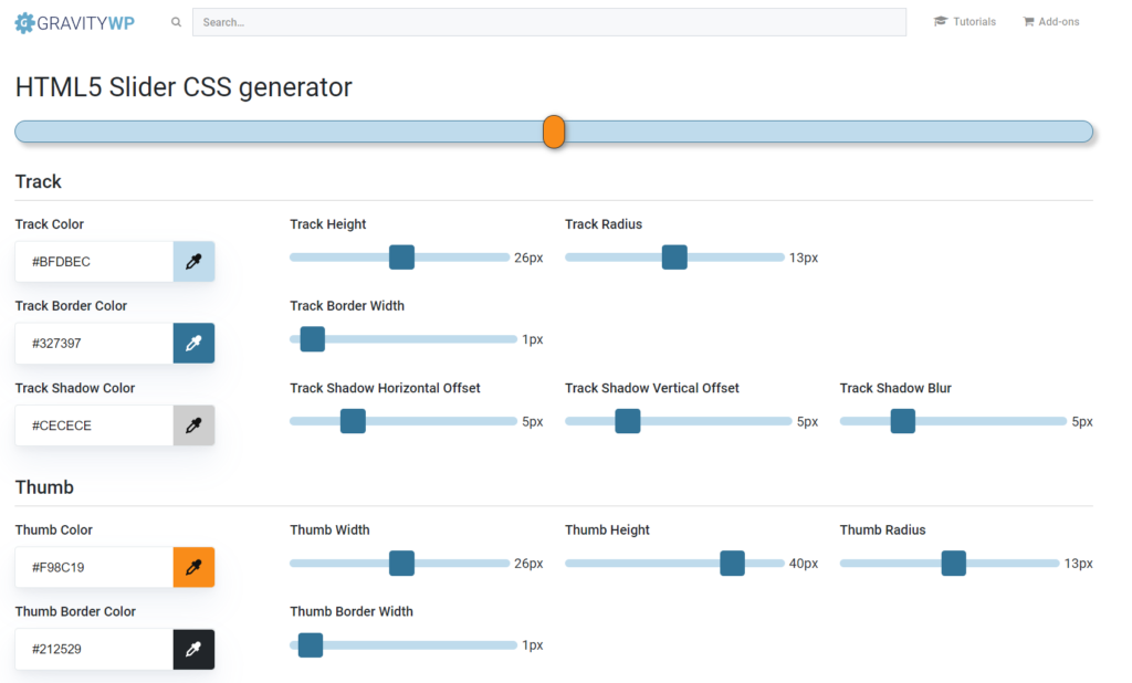 Screenshot from the HTML5 Slider styling tool. 