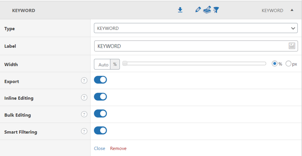 Screenshot of settings per column in your Gravity Forms entries page. 