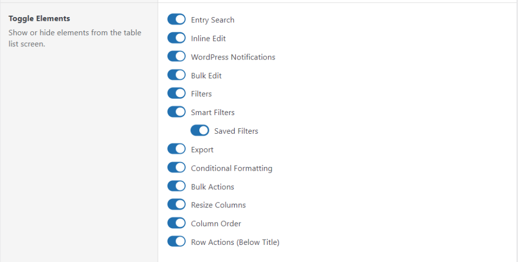 Screenshot of toggles to enable or disable Admin Columns Pro functionalities on the form. 