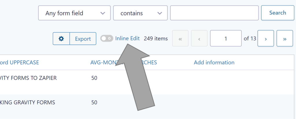 Screenshot of the inline edit toggle for Gravity Forms entries after activating Admin Columns Pro. 