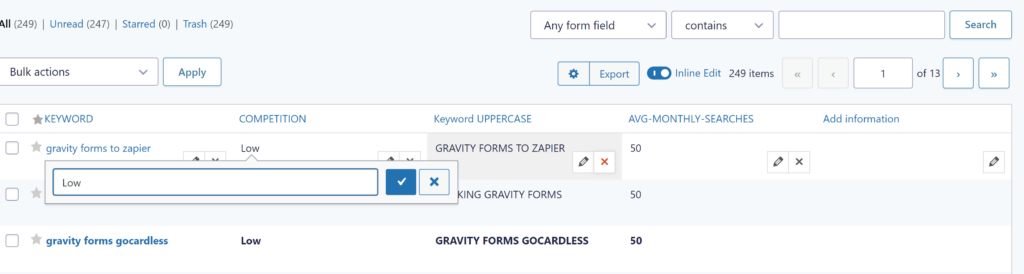 Screenshot of inline edit of a single field value in a single Gravity Forms entry. 