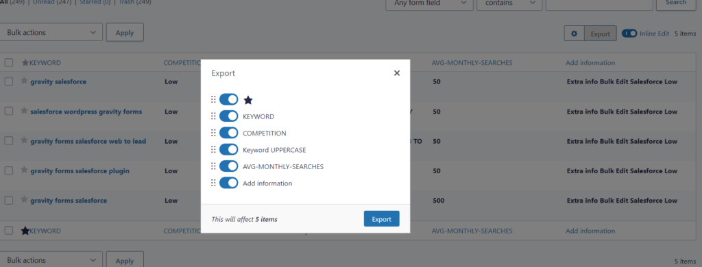 Screenshot of exporting filtered entries directly from the wp-admin Gravity Forms entries page. 