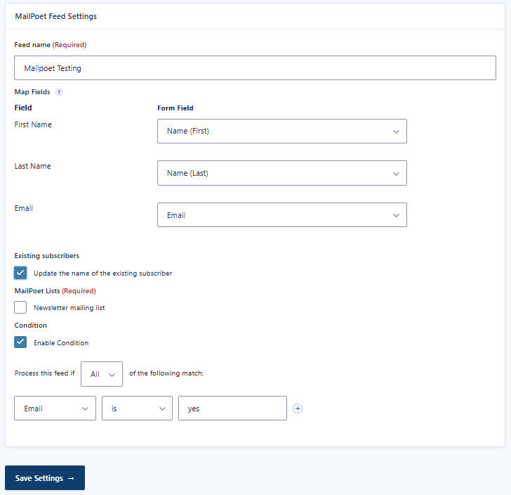 gravityforms mailpoet feed mapping and conditional logic