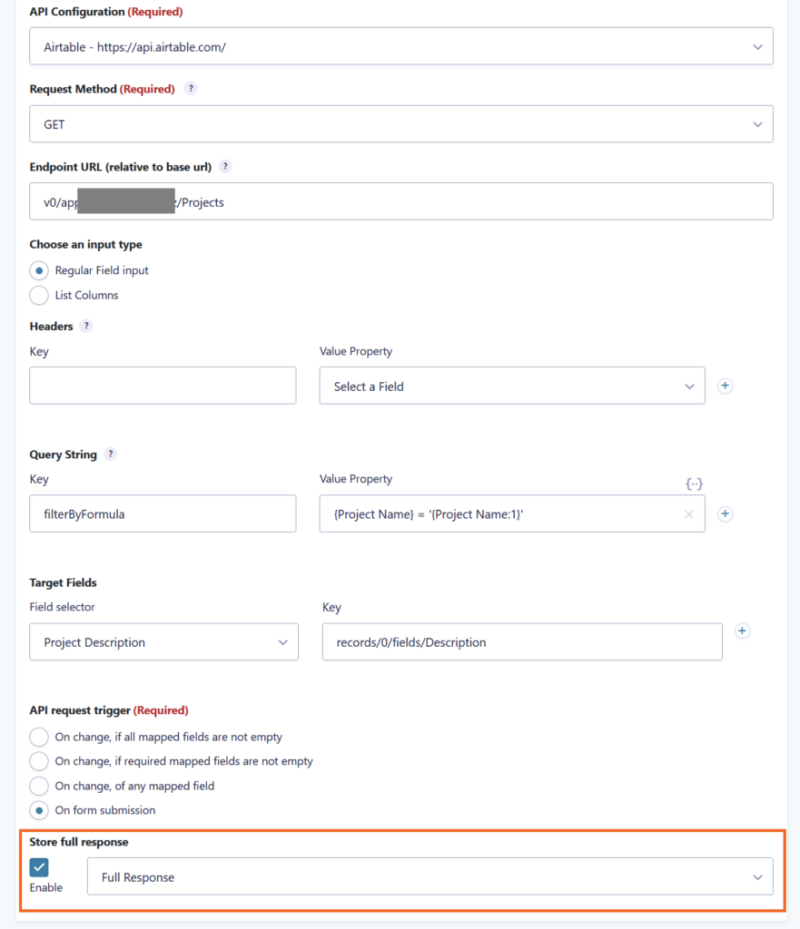 Screenshot of the API Connector Feed settings, showing a JSON path for the Target Field mapping and the way how to store the full response.