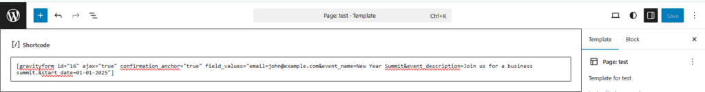 Rendered Gravity Form with dynamic values populated for event details and email input.