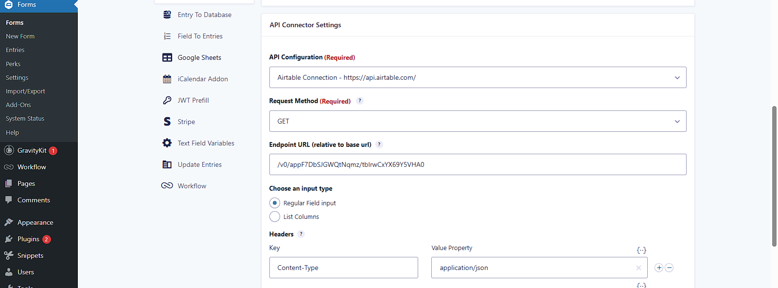 API Connector feed configuration in Gravity Forms using GET request and Airtable endpoint URL