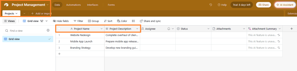 Airtable base with project management records used for Gravity Forms Airtable Integration example