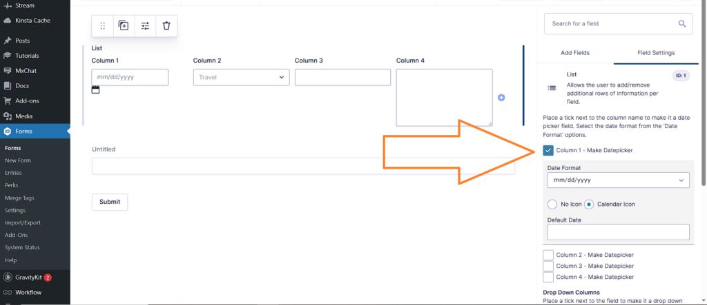 list field with Column 1 configured as a date picker with calendar icon and date format.