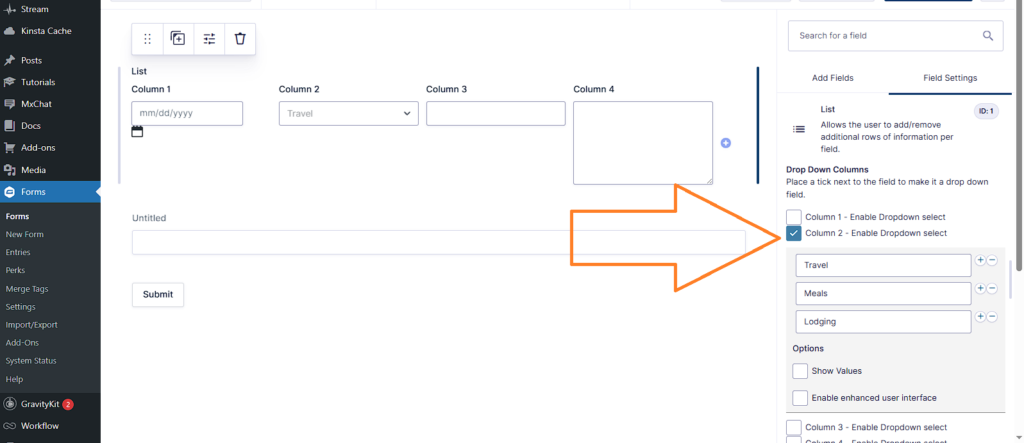 list field showing Column 2 configured with dropdown select options like Travel and Meals.
