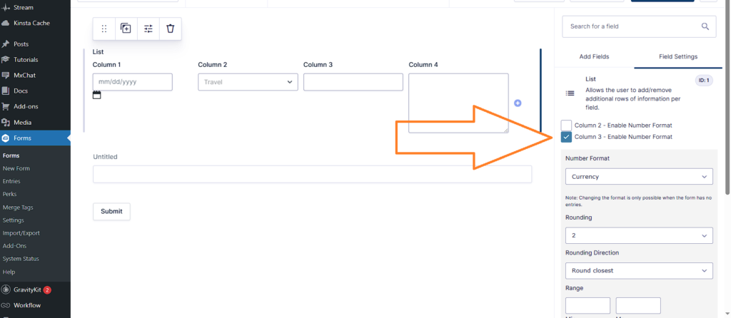 list field Column 3 settings showing number format set to Currency with rounding options.