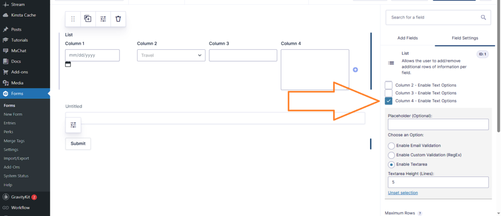 list field Column 4 configured as a textarea with text input settings and line height.