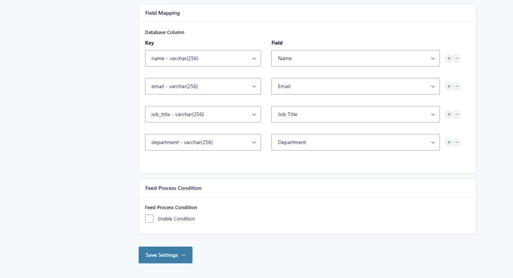 Gravity Forms Entry to Database complete field mapping setup for custom staff directory.