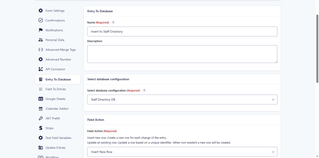 Gravity Forms Entry to Database field mapping settings showing matched columns and form fields.