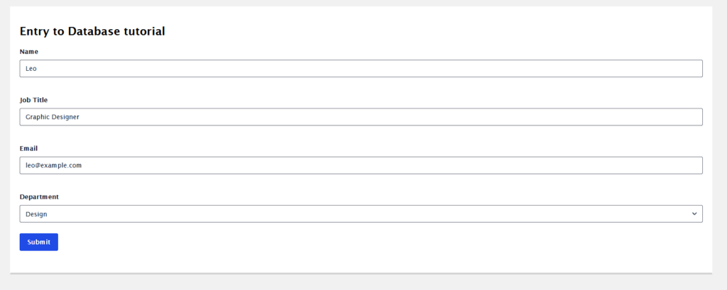 Gravity Forms Entry to Database front-end staff form with name, job title, email, and department fields.