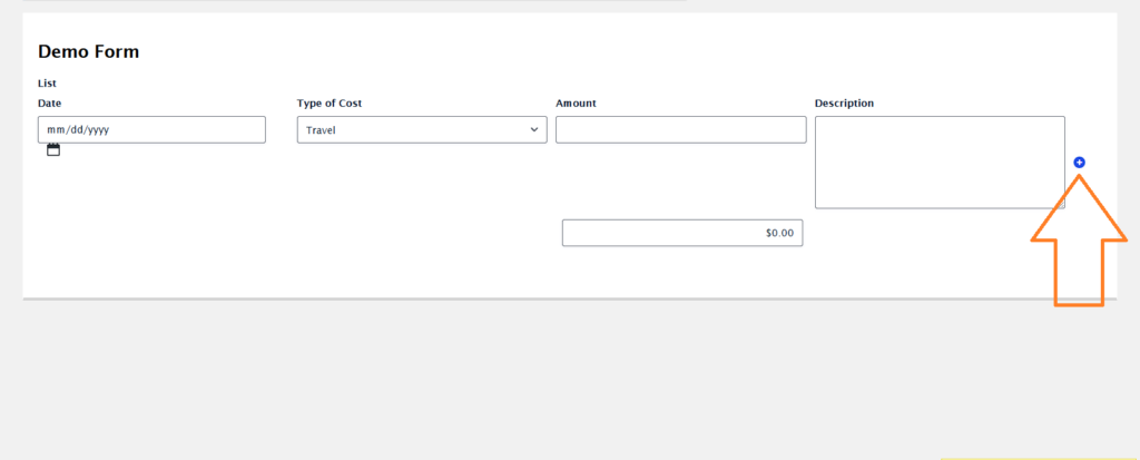 Demo form using Gravity Forms list field showing date picker, dropdown, currency input, and description textarea in one row.