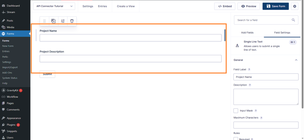 Gravity Forms field editor showing Project Name and Description fields for Airtable integration