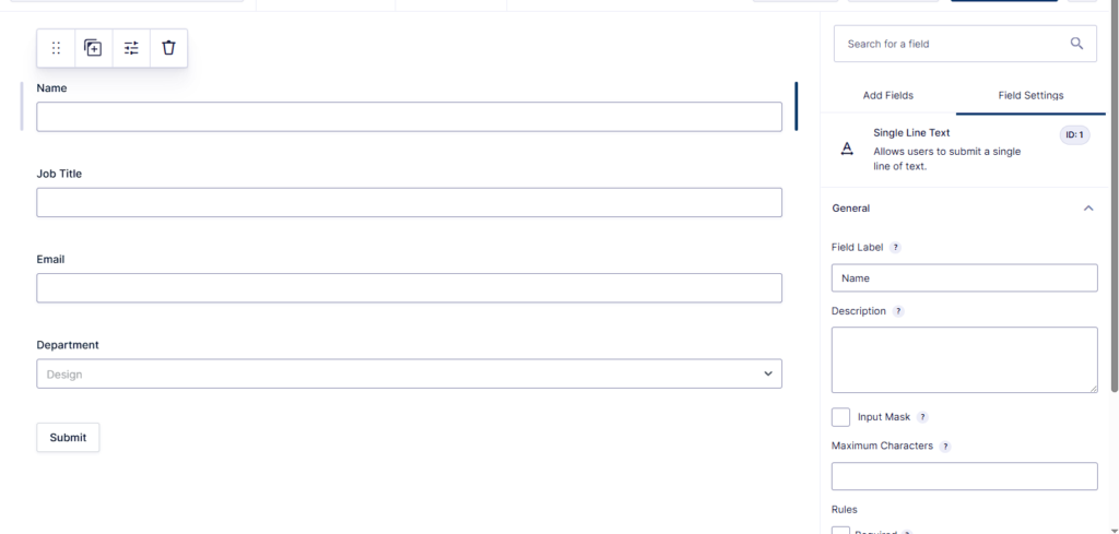Gravity Forms Entry to Database staff directory table structure in phpMyAdmin.