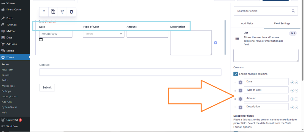 Gravity Forms list field setup with custom column labels: Date, Type of Cost, Amount, and Description.