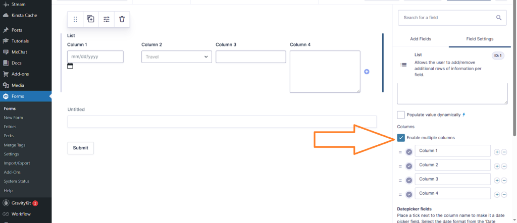 Gravity Forms list field with enabled multiple columns and default column names: Column 1 to Column 4.