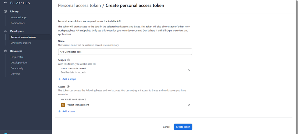 Creating a personal access token in Airtable for Gravity Forms API integration