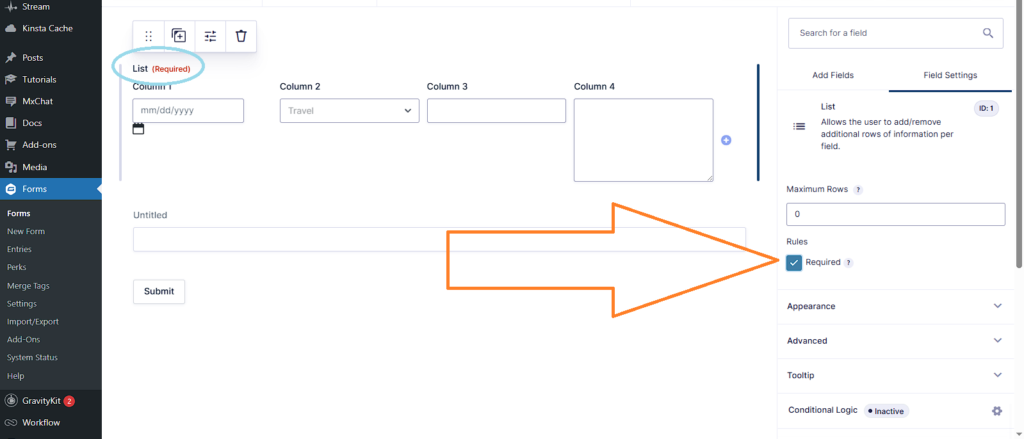 Gravity Forms list field settings showing the “Required” field option enabled.