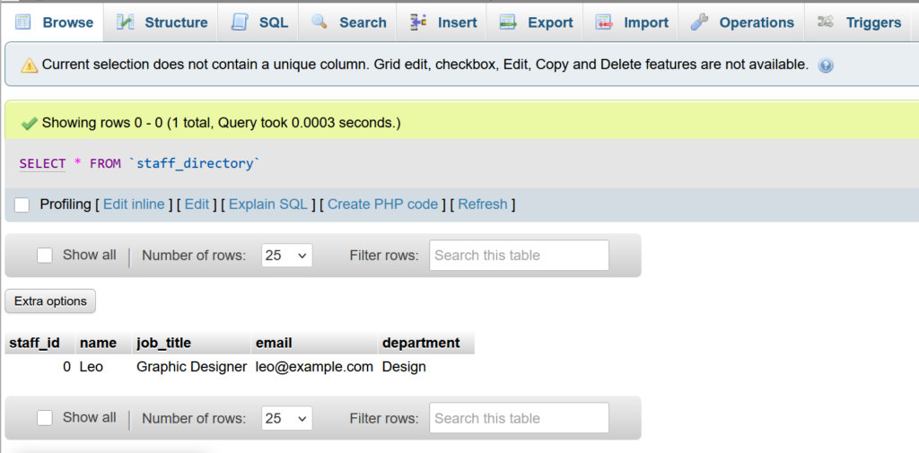 Gravity Forms Entry to Database form submitted with example staff data.