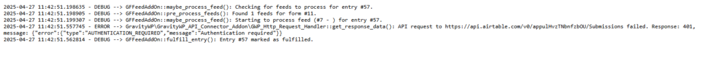 Debug log showing 401 Authentication error during Gravity Forms Airtable Integration using API Connector