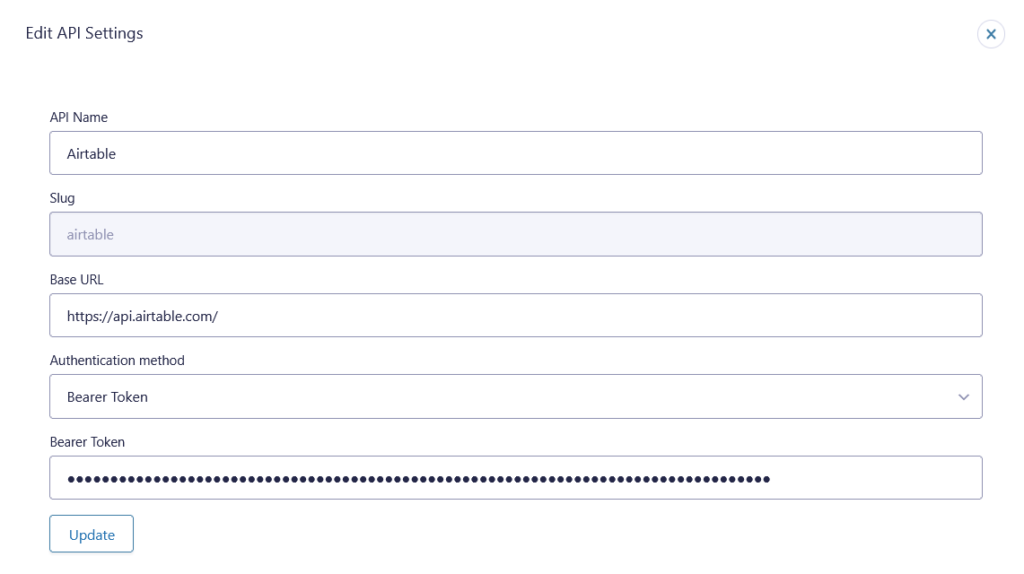 Airtable API Connector settings in Gravity Forms for setting base URL, Bearer token.